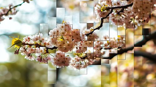 Abstracte kersenbloesems in een geometrisch mozaïek