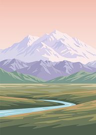 Minimalist flat vector illustration of a snow-capped mountain peak overlooking a winding river valley.
