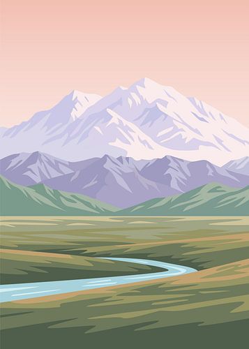 Minimalistische, platte vectorillustratie van een met sneeuw bedekte bergtop die uitkijkt over een kronkelende riviervallei.