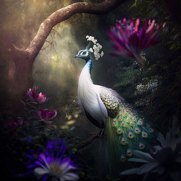 White peacock in the fairytale forest by Costas Ganasos