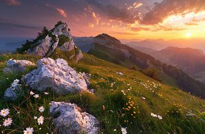 Blühende Wiesen unter Berggipfeln