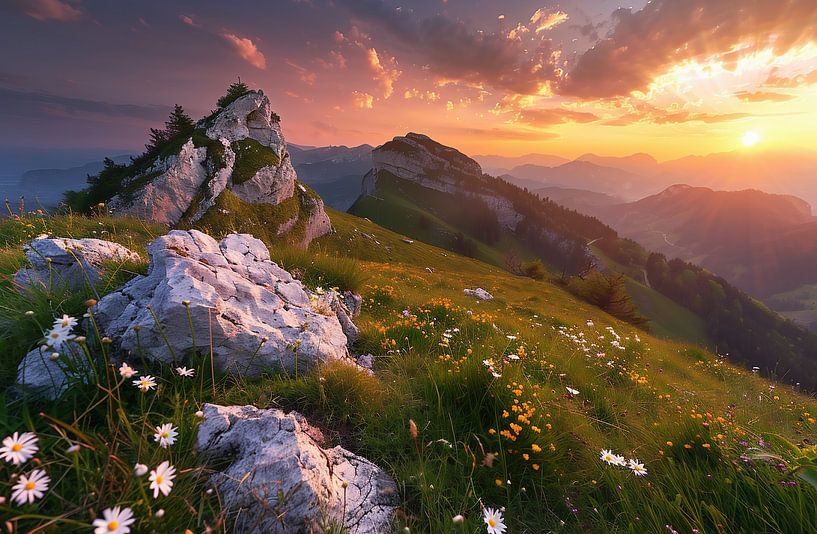 Blühende Wiesen unter Berggipfeln von fernlichtsicht