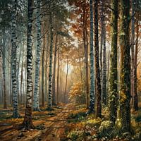 Forêt de bouleaux magique au coucher du soleil dans les tons chauds de la terre