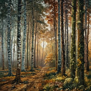 Forêt de bouleaux magique au coucher du soleil dans les tons chauds de la terre