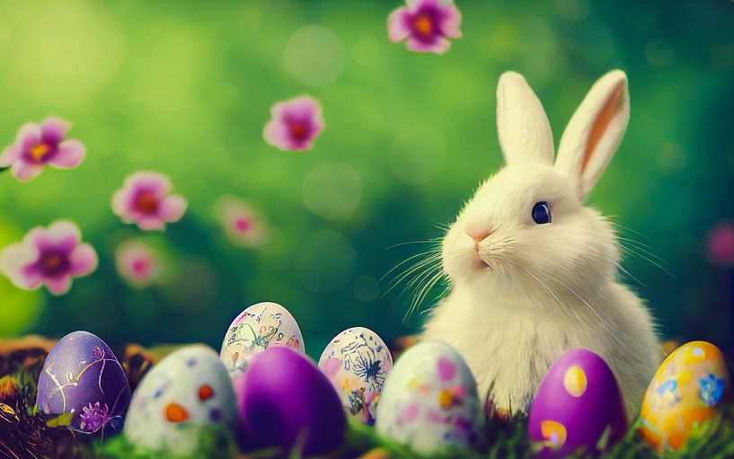 Süßer weißer Osterhase mit Ostereiern Illustration 04 von Animaflora PicsStock