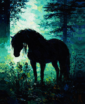 Paard in het blauwgroene bos – Schilderij met een mistig silhouet