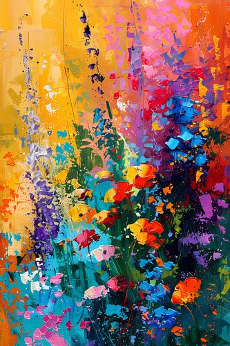 Kleurrijk abstract bloemenweide schilderij