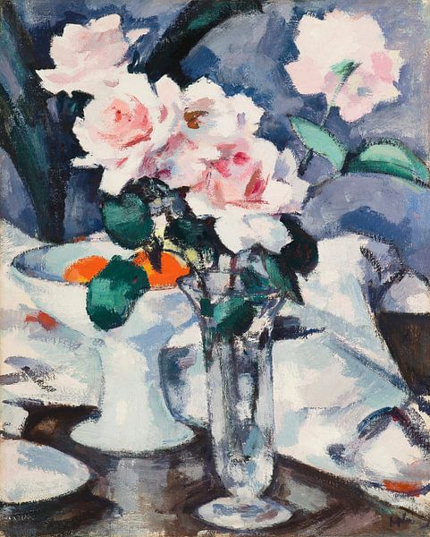 Roze rozen in een glazen vaas, Samuel John Peploe van Meesterlijcke Meesters