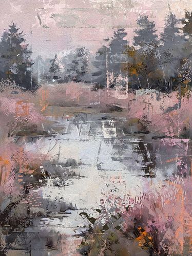 Semi abstract heide landschap met ven in naaldbos