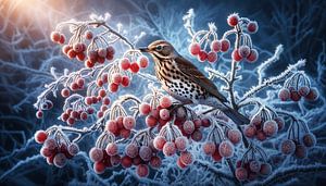 Chanson d'hiver : oiseau sous les baies couvertes de givre