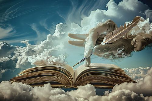 Surrealistische hand die wolken schrijft