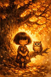 Une fillette espiègle et un hibou - Peinture à l'huile « Chêne en automne » sur Faheem Beigh