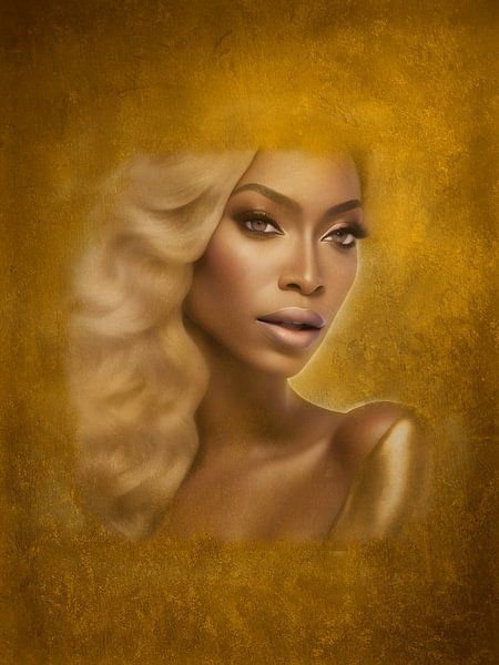 Porträt einer Frau auf goldenem Hintergrund von Hilde Remerie Fotografie und digitale Kunst