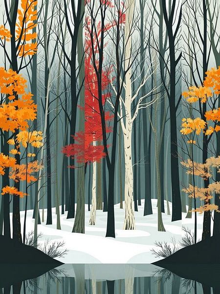 Forêt avec arbres rouges et orange reflétés dans l'eau et neige au sol par Artistic