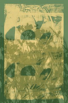 Lebendige abstrakte minimalistische botanische Kunst in Grün und zartem Gelb