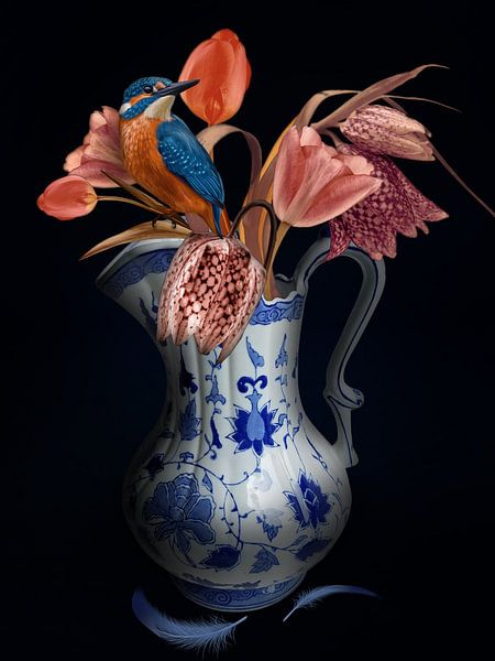 Tulpen met vogeltje  - Delfts Blauw van OEVER.ART