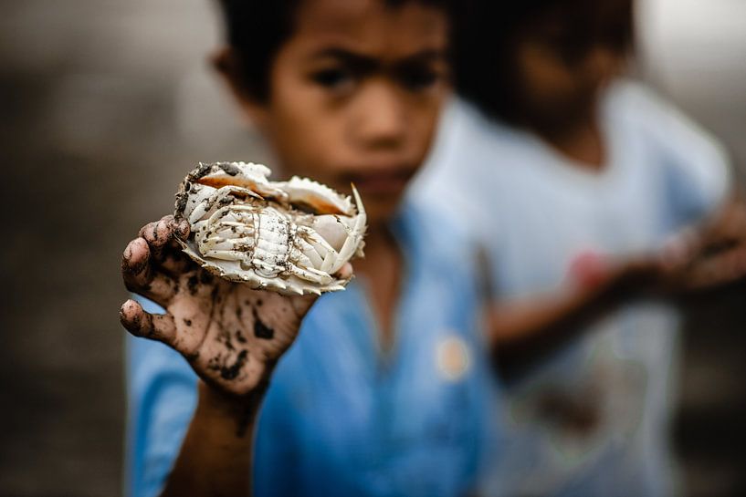 Kind mit Krabben im Fischerdorf Philippinen von Yvette Baur