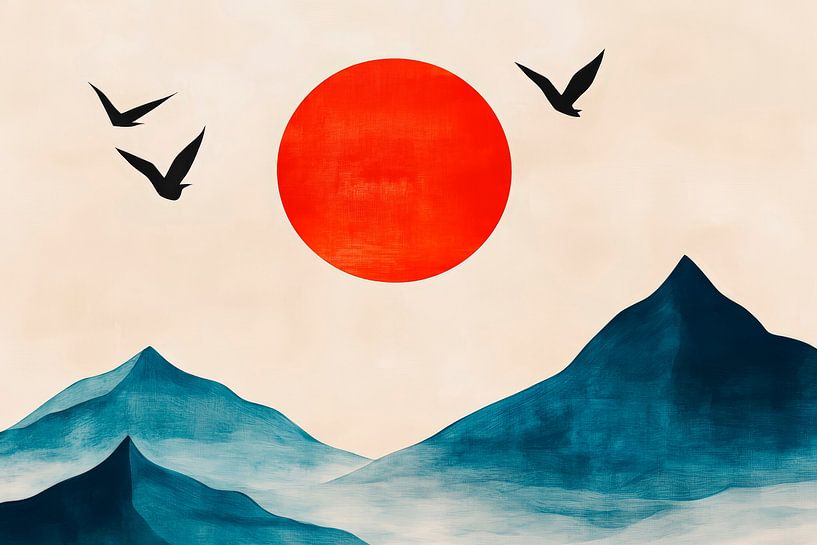 Mountain landscape with red sun and birds by Poster Art Shop