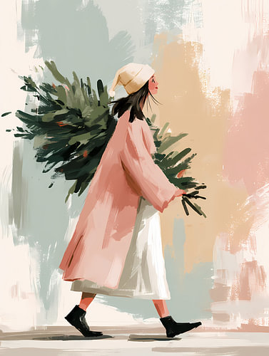 Frau, die einen Weihnachtsbaum nach Hause trägt