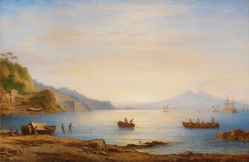 Baai voor de kust van Napels met uitzicht op de Vesuvius, Carl Morgenstern