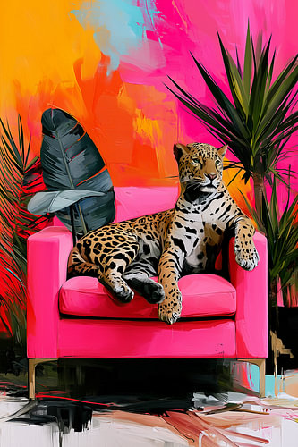 Gepard auf der Couch, Tropen-Zimmer in Rosa