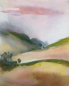 Landelijk aquarel schilderij: Glooiend berglandschap - 1 van Studio Pieternel
