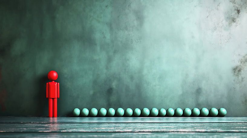 Rote Figur hebt sich von grünen Figuren ab von Frank Heinz