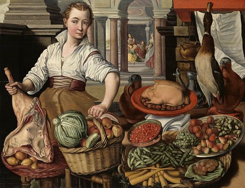 Keukenstuk, met op de achtergrond Jezus bij Martha en Maria, Joachim Bueckelaer