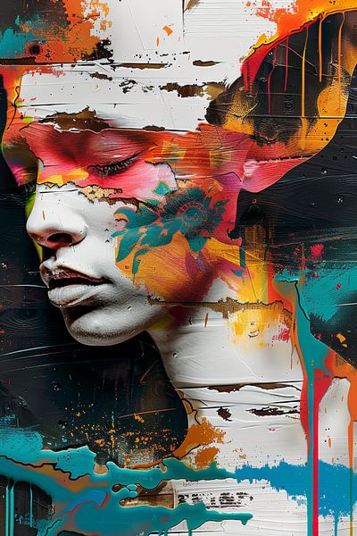 Een uniek en speels abstract en kleurrijk portret van Digitale Schilderijen