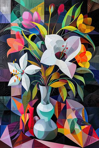 Semi-abstract kleurrijke vaas met bloemen