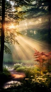 Bezaubernder Sonnenaufgang im nebligen Laubwald