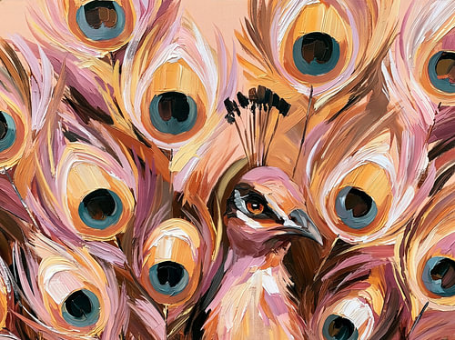 Peacock amidst pink and golden feathers