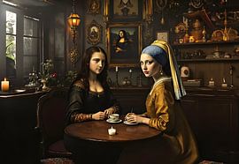 Mona Lisa van Leonardo Da Vinci en het meisje met de parel van Johannes Vermeer drinken koffie van Eye on You