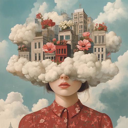 Vrouw hoofd in de wolken surrealistisch surrealisme