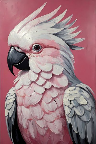 Roze papegaai modern realistisch olieverfportret van Art & Soul Creations