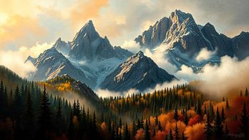 Mountains between forest and mist: an autumnal mountain landscape in the warm light of earth and sky