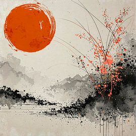 Japandi Landscape with full red moon by Studio Pieternel