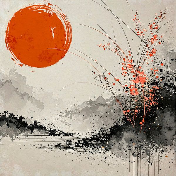 Japanische Landschaft mit rotem Vollmond von Studio Pieternel