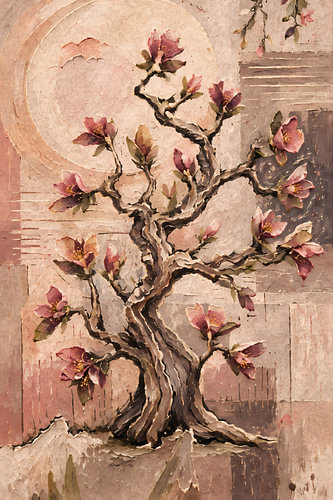 Robuster kleiner Baum mit gewundenen Ästen und rosa Blüten