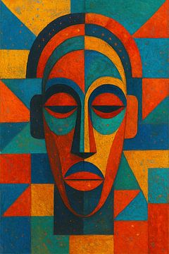 A geometric painting of an African Mask. by Gallery Hoppenbrouwers