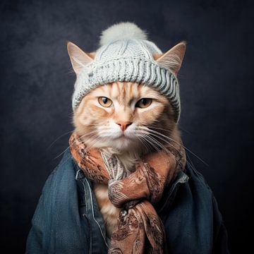 Portrait of a red tomcat with warm wool cap by Vlindertuin Art