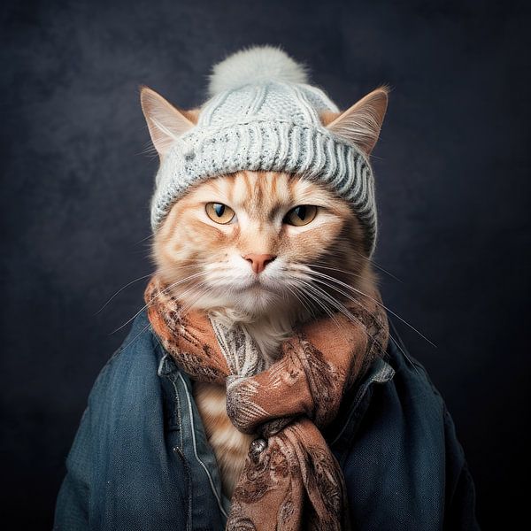 Portrait of a red tomcat with warm wool cap by Vlindertuin-Art