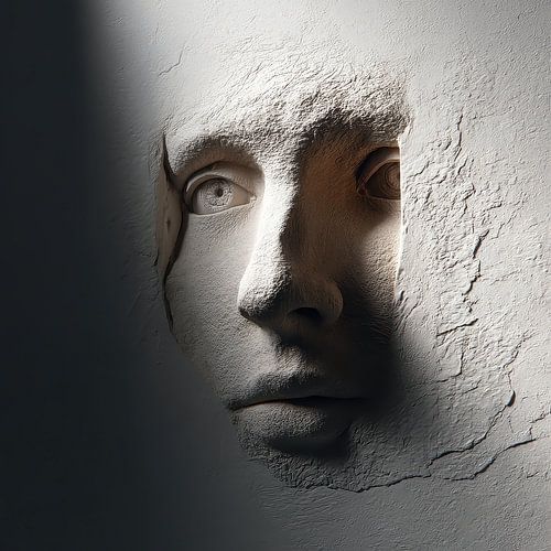 Tiefreliefgesicht in einer weißen Wand