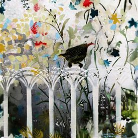 Blackbird on white fence by Simone Zacharias