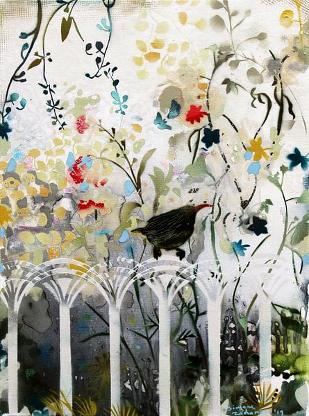 Amsel auf weißem Zaun von Simone Zacharias