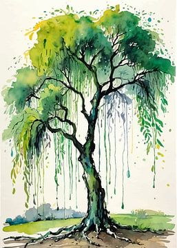 Weidenbaum Aquarell - Fließende ausdrucksstarke Landschaft