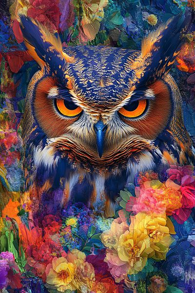 Eule zwischen bunten Blumen von Imperial Art House