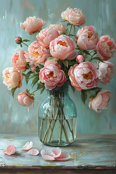 Peonies in a glass vase on a rustic table by Poster Art Shop
