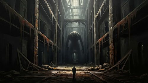 Figuur Monster in verlaten industrieel interieur