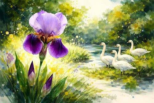 Zwanen en iris